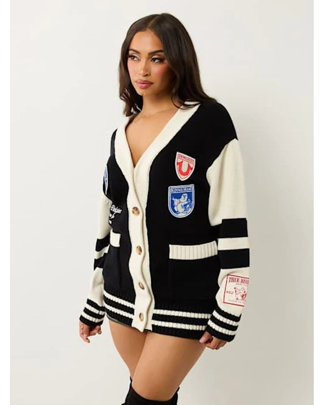 True Religion Sporty Varsity Swtr Cardigan Jet Black / Winter White