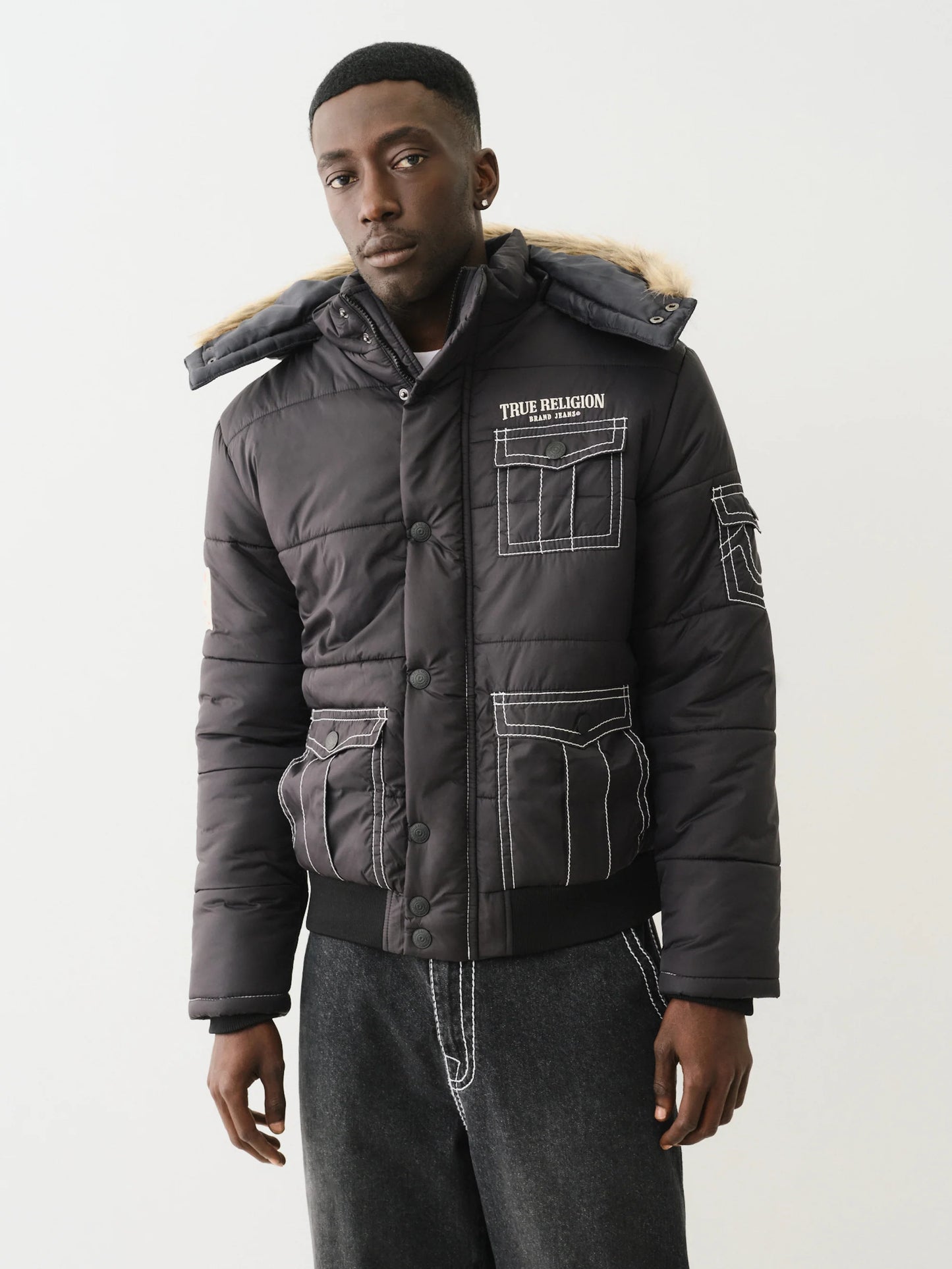True Religion Men's Big T Hooded Puffer Jacket Black
