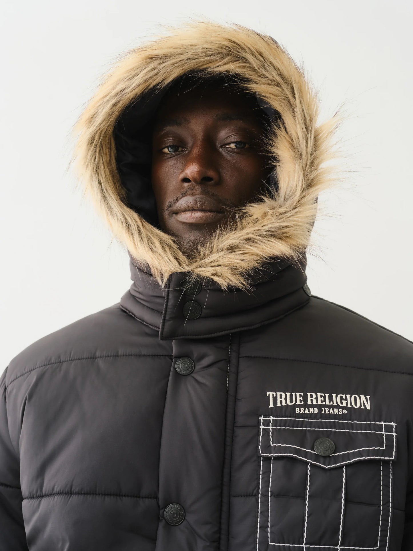True Religion Men's Big T Hooded Puffer Jacket Black