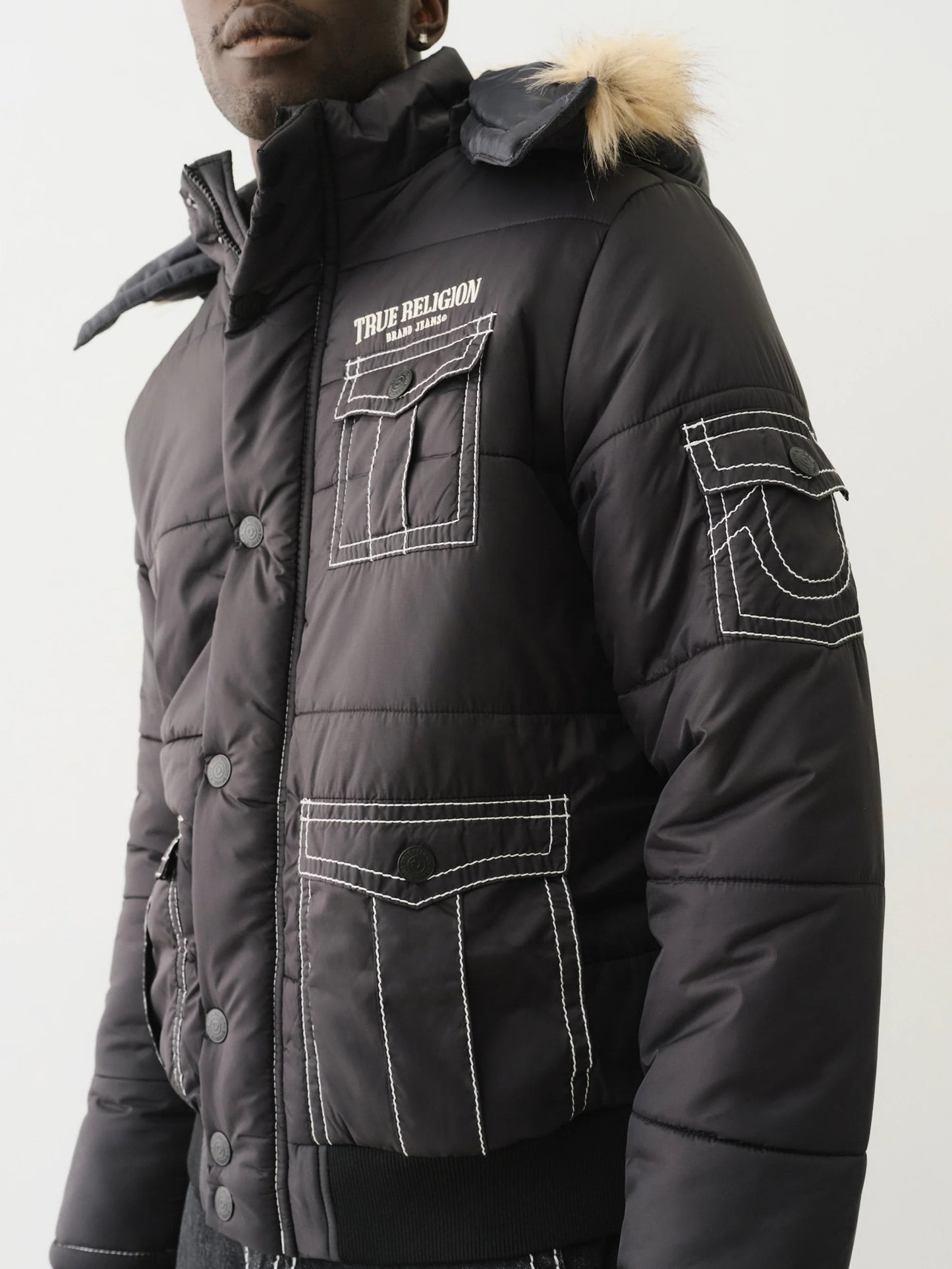 True Religion Men's Big T Hooded Puffer Jacket Black