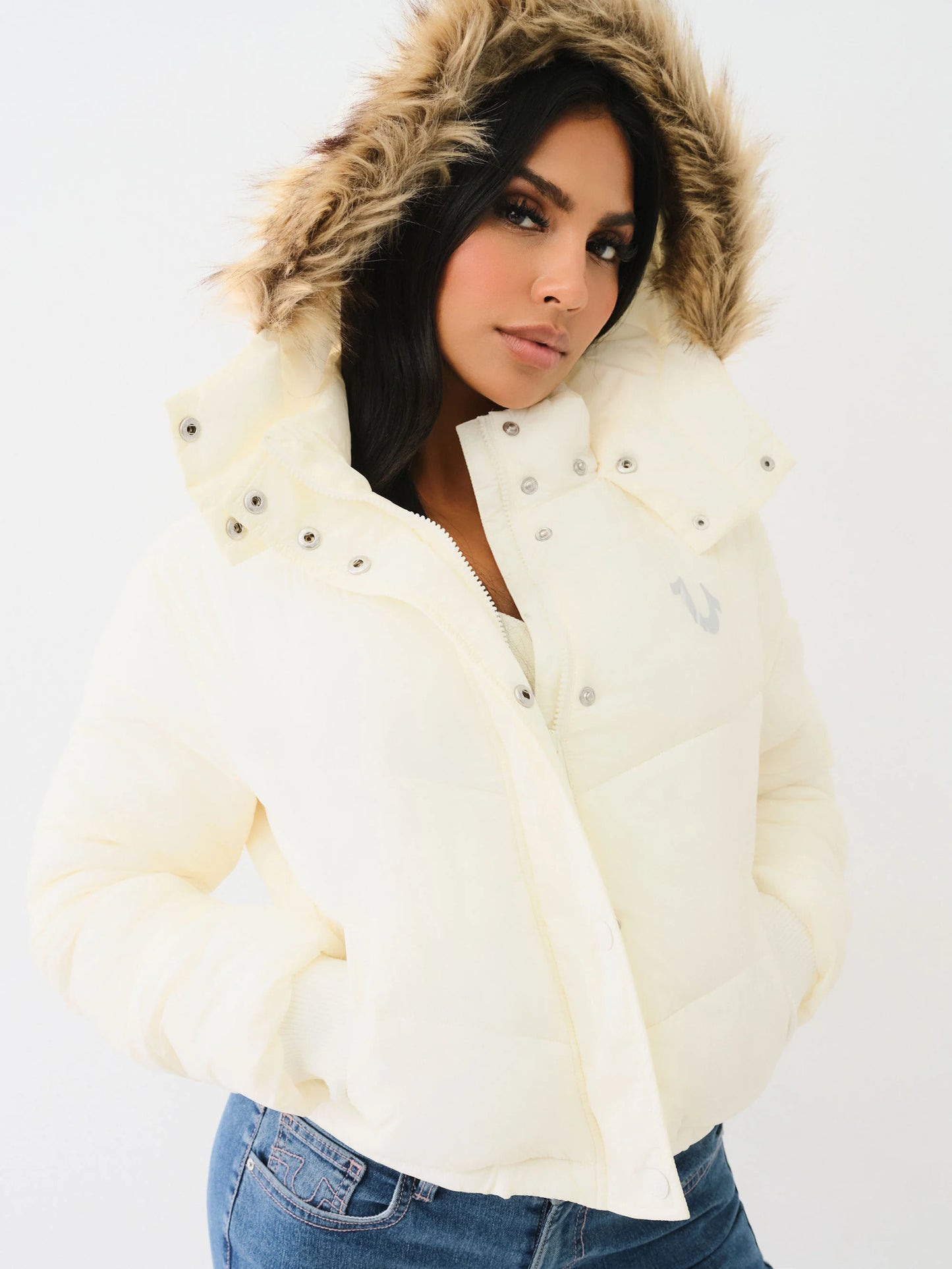 True Religion Women's Fur Trim Puffer Jacket - White