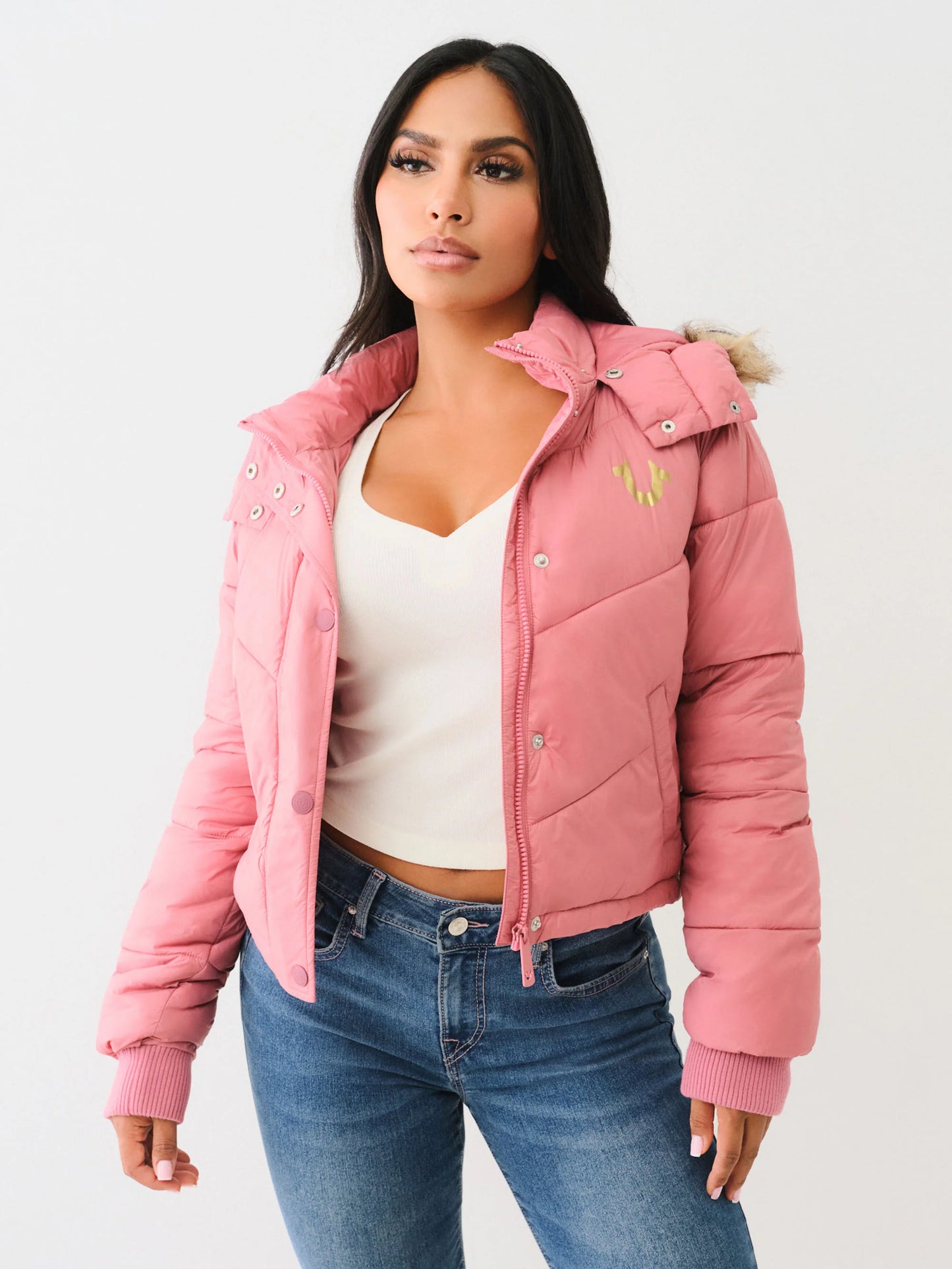 True Religion Women's Fur Trim Puffer Jacket - Mauvewood