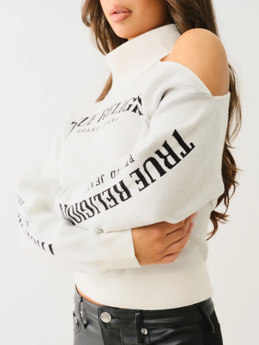 True Religion Turtle Neck Cold Shoulder Sweater Winter White