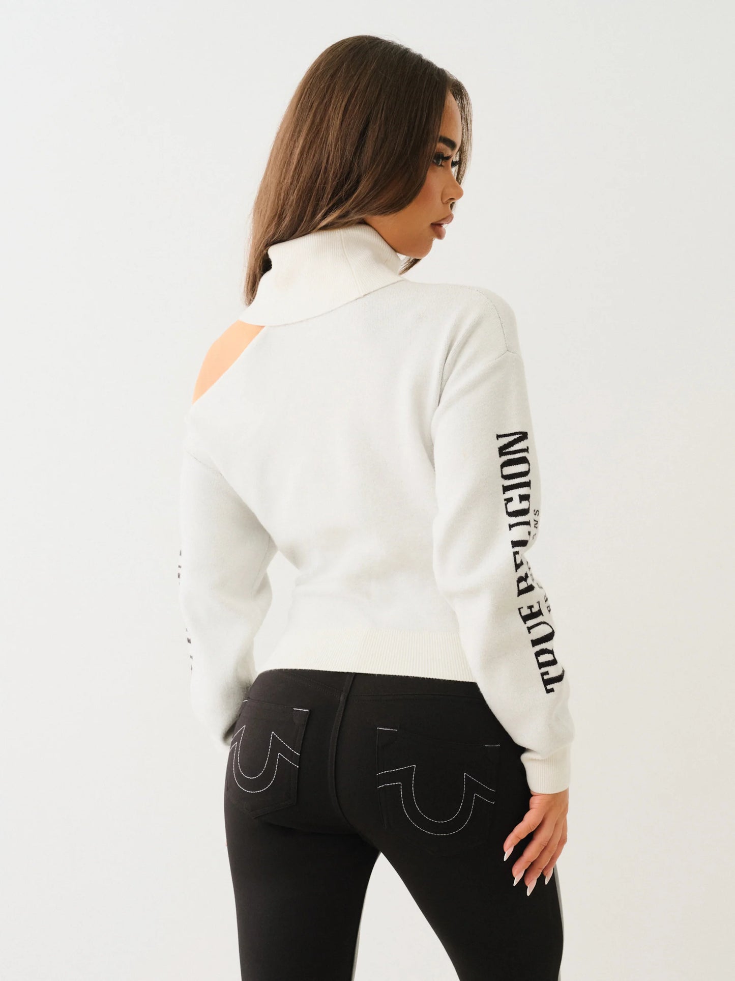 True Religion Turtle Neck Cold Shoulder Sweater Winter White