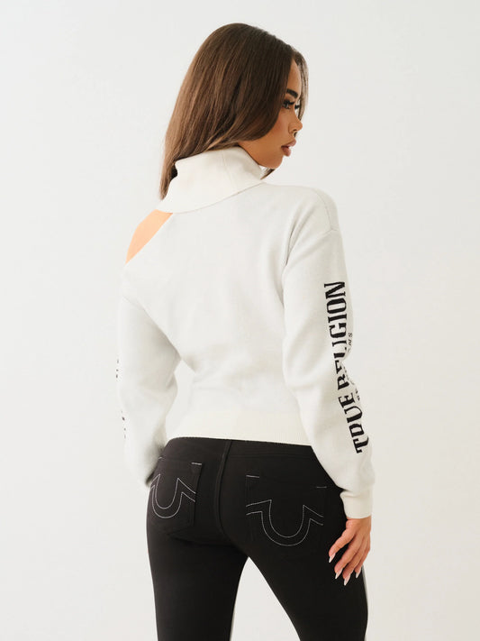 True Religion Turtle Neck Cold Shoulder Sweater Winter White