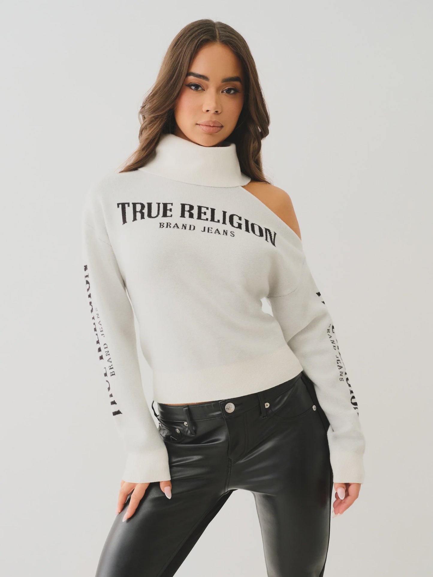 True Religion Turtle Neck Cold Shoulder Sweater Winter White
