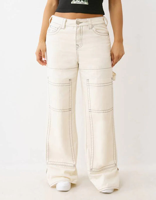 True Religion Bobbi Baggy Carpenter Big T Denim Jeans Winter White