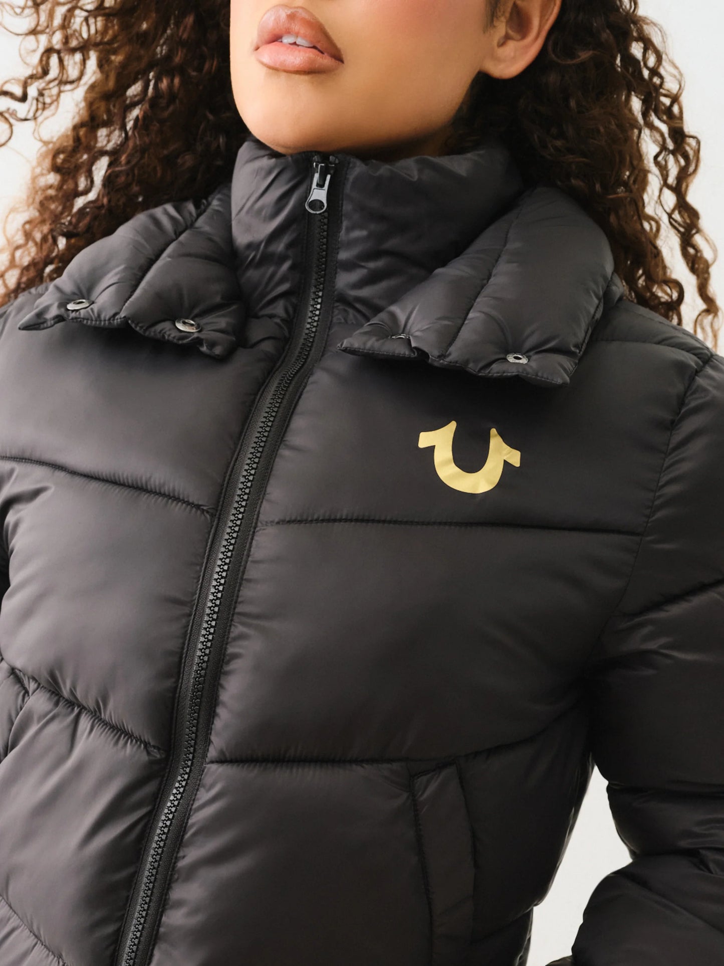 True Religion Women's Double Collar Puffer Jacket Black Womens  Black