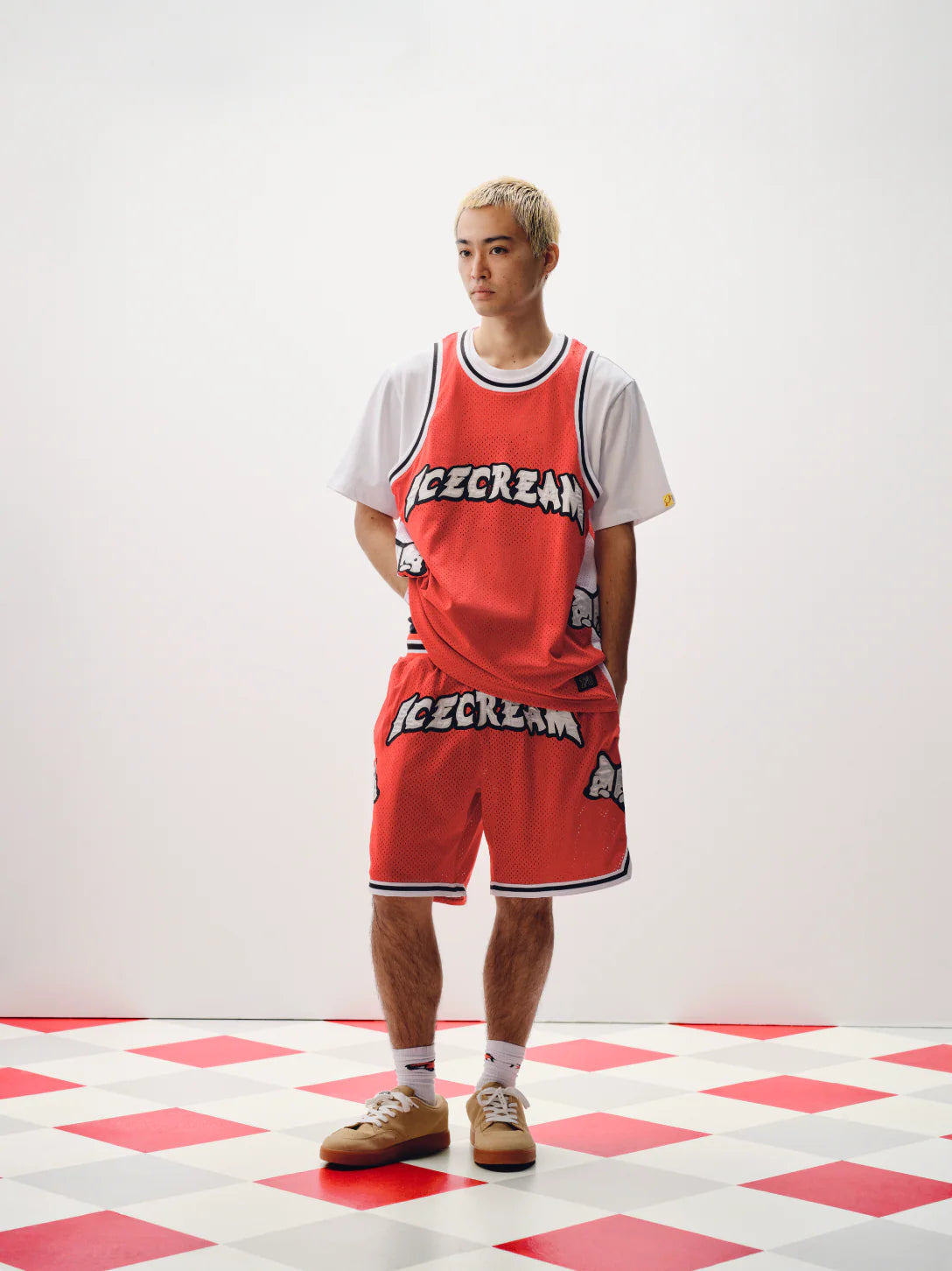 Ice Cream Running Puppy Applique Basketball Short Red