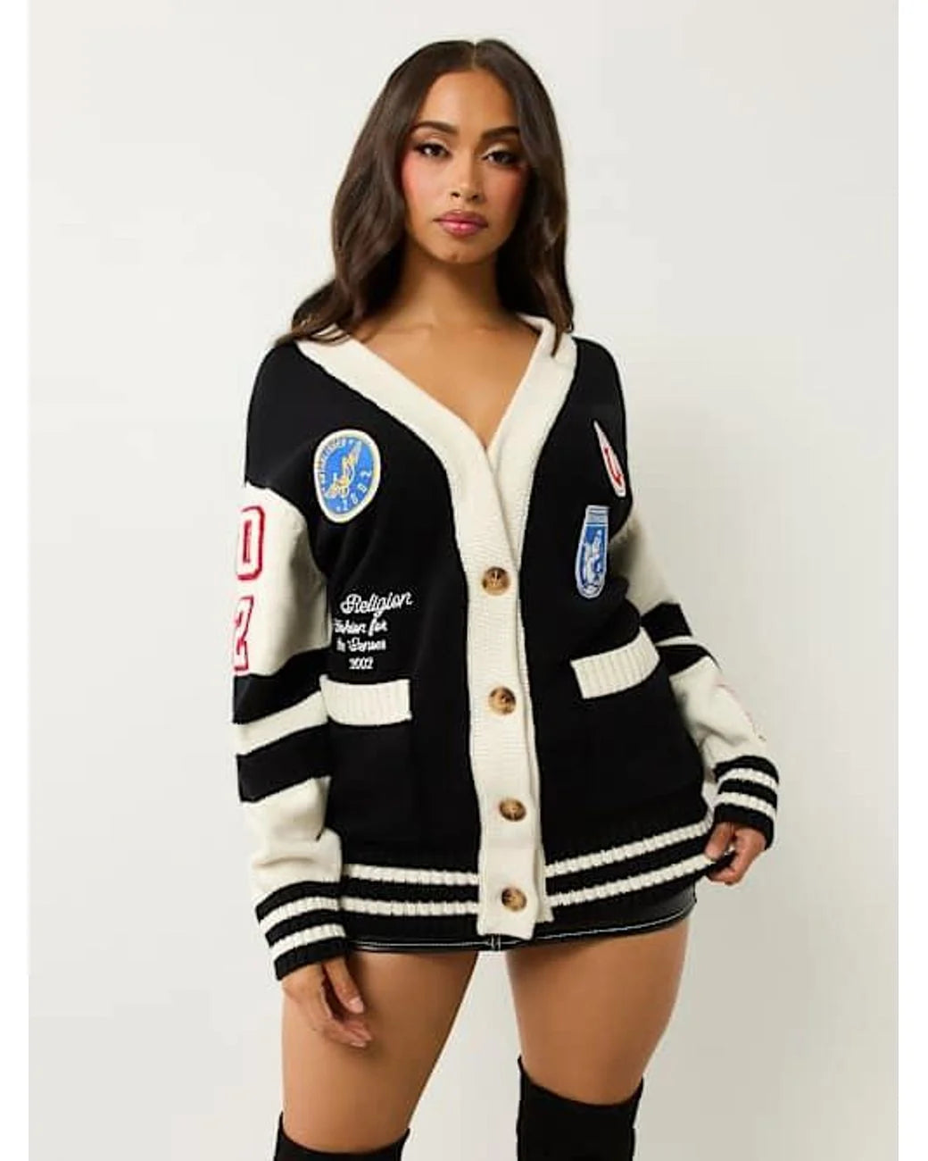 True Religion Sporty Varsity Swtr Cardigan Jet Black / Winter White